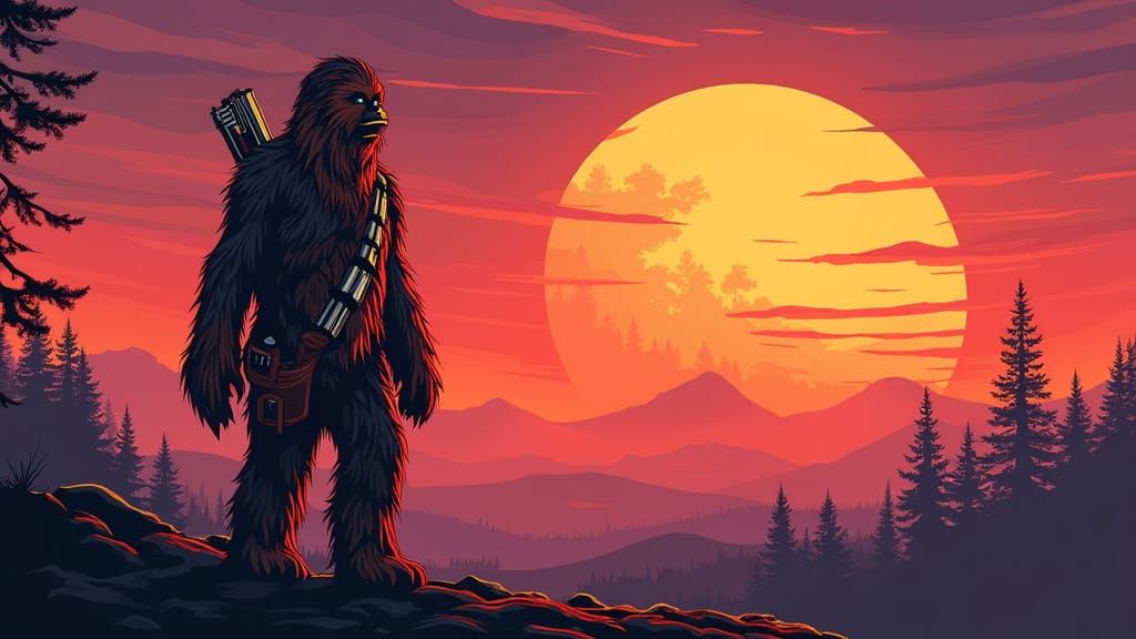 Wookiee Warrior Cheers Binary Sunset on Kashyyyk