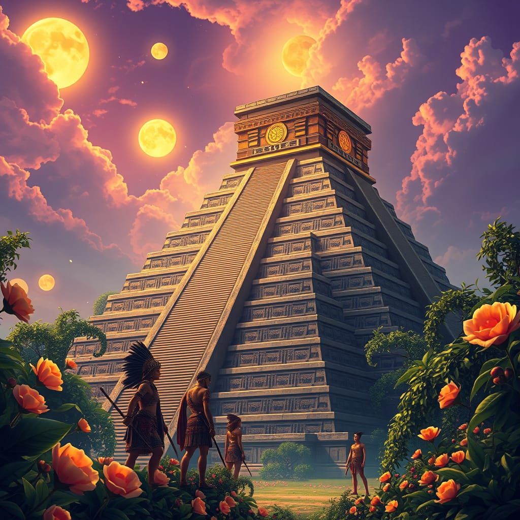 Ancient Aztec Pyramid in Vibrant Jungle Landscape, Anime-Ins...