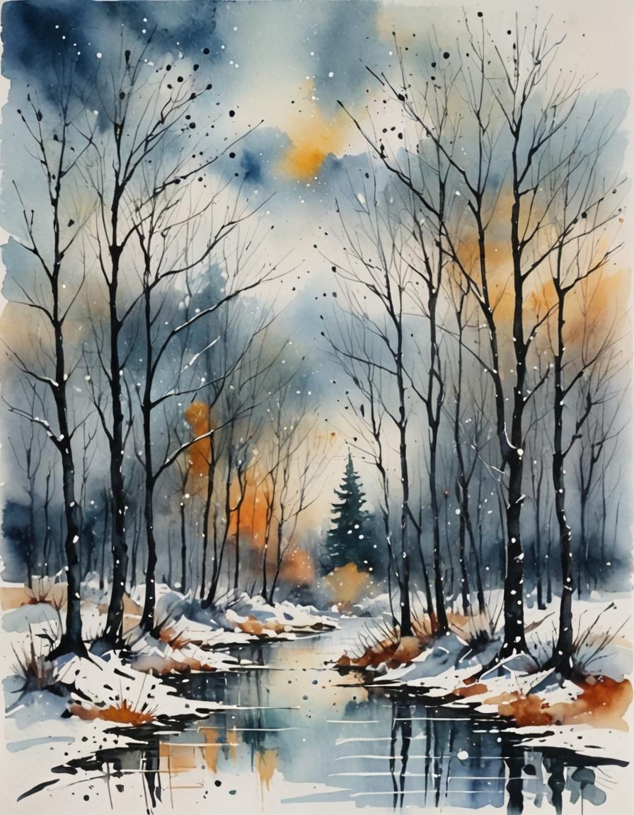 Vibrant Winter Watercolor in Loose, Abstract Style