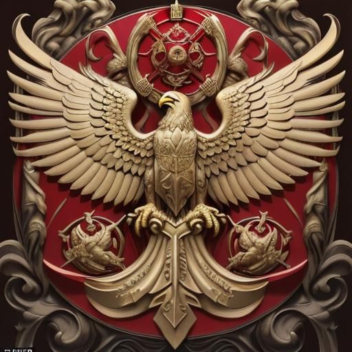 Coat of Arms: Scarlet Circle, Gold Eagle, Art Deco