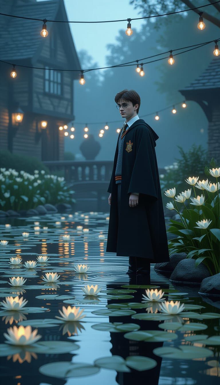 Harry Potter at Serene Pond with Cinematic Lighting