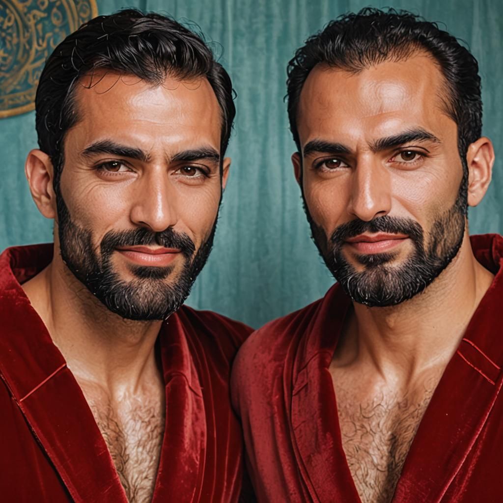 Friendly Men in Red Velvet Robes, Impasto Oil Painting