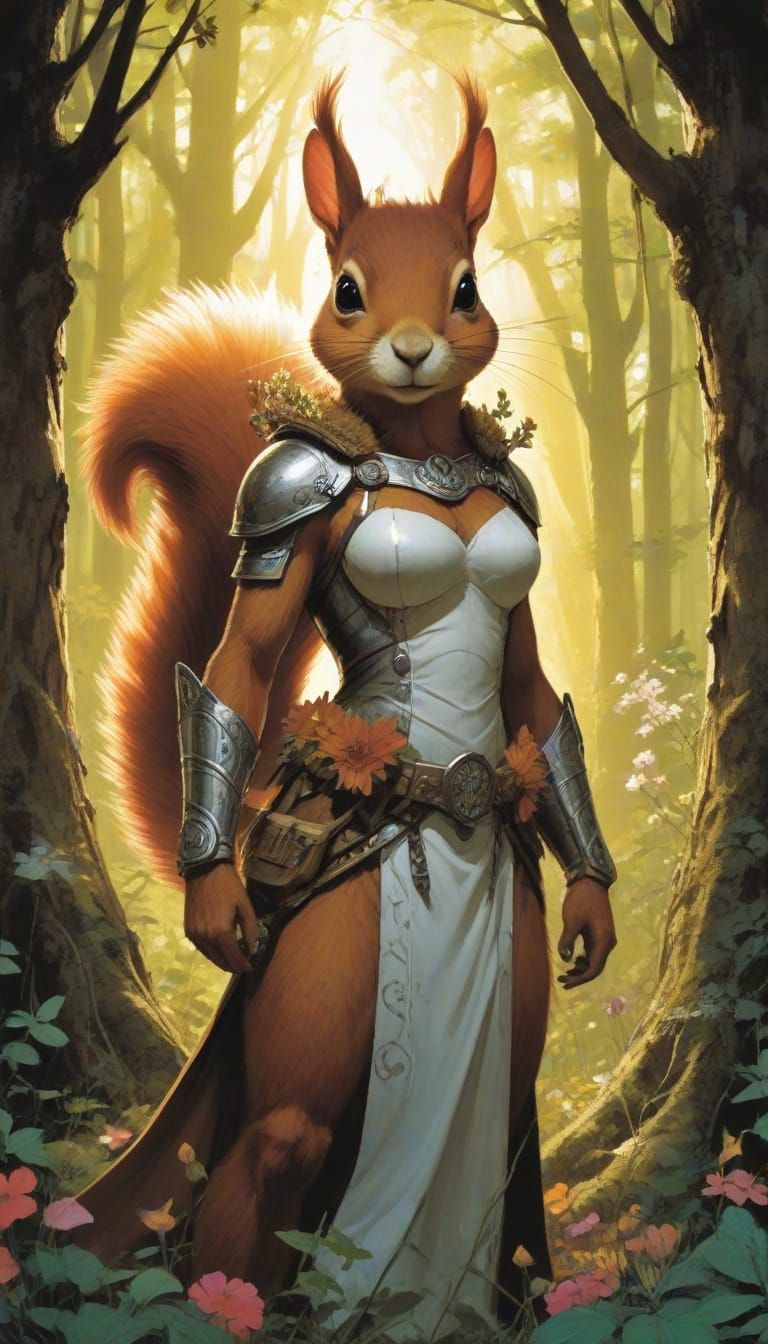 Maiden Squirrel Warrior in Vibrant, Flowered Woodland