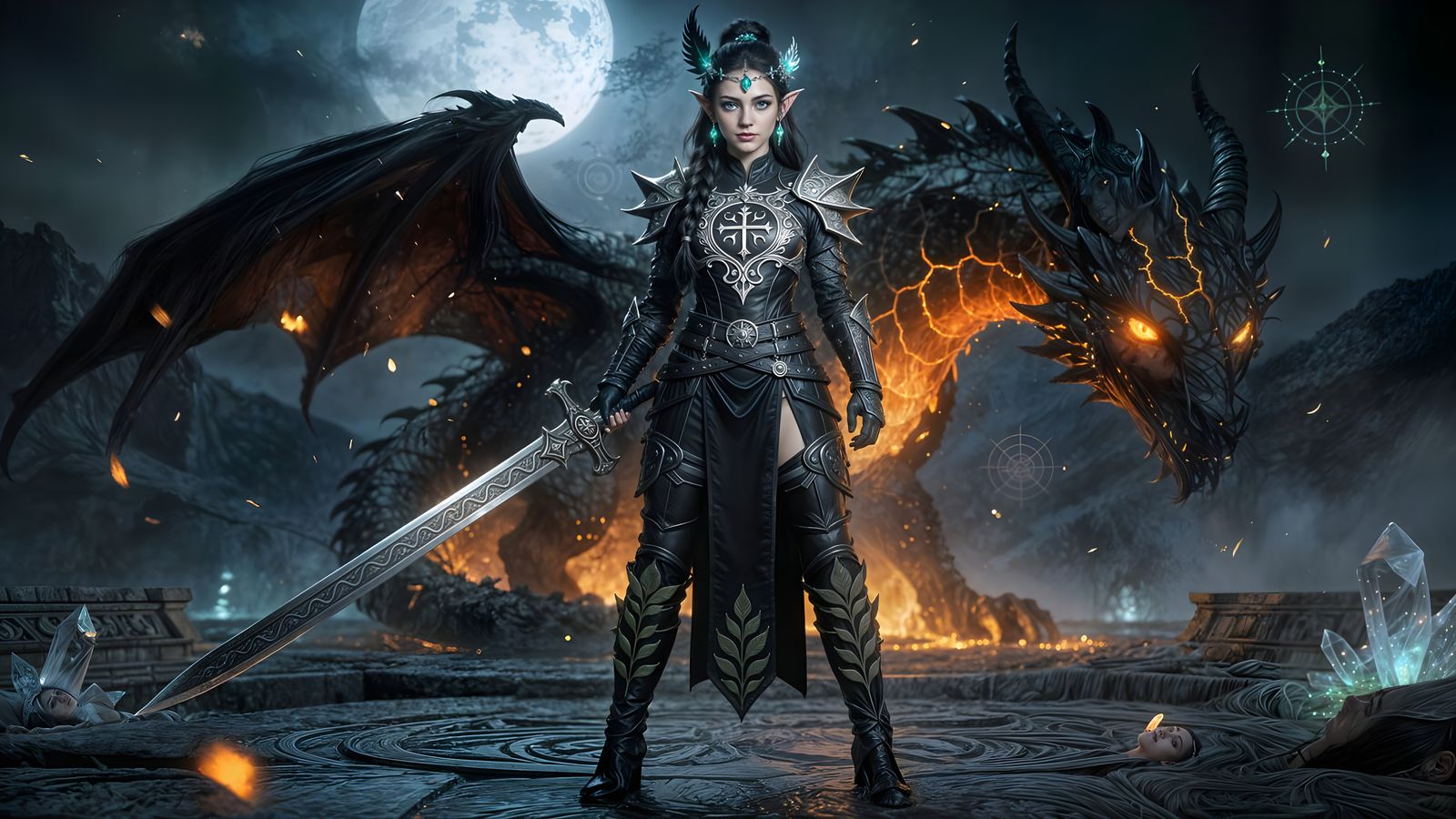 Elegant Elven Warrior Woman in Black Armor