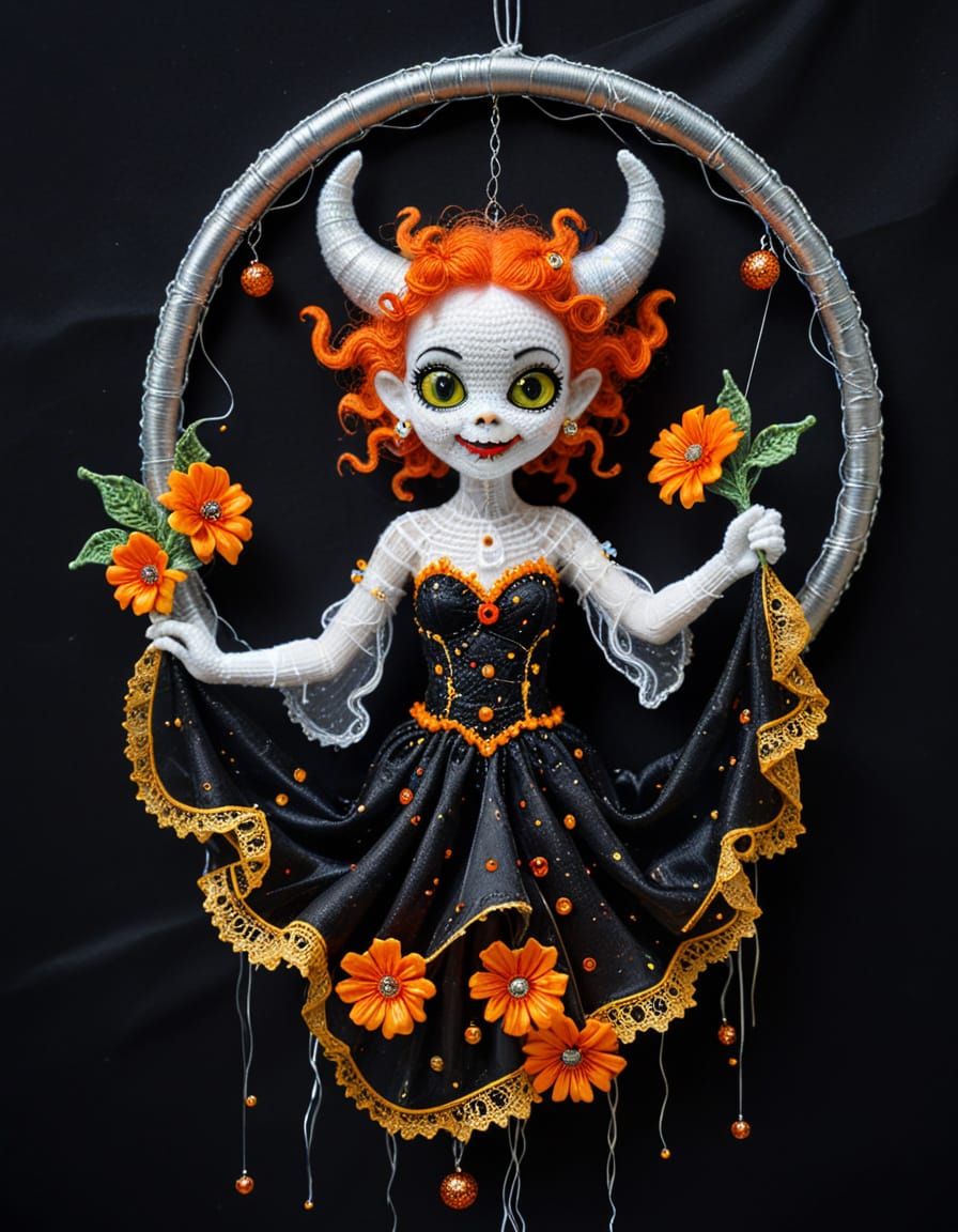 Cute Halloween Demon in Klimt Crochet Style