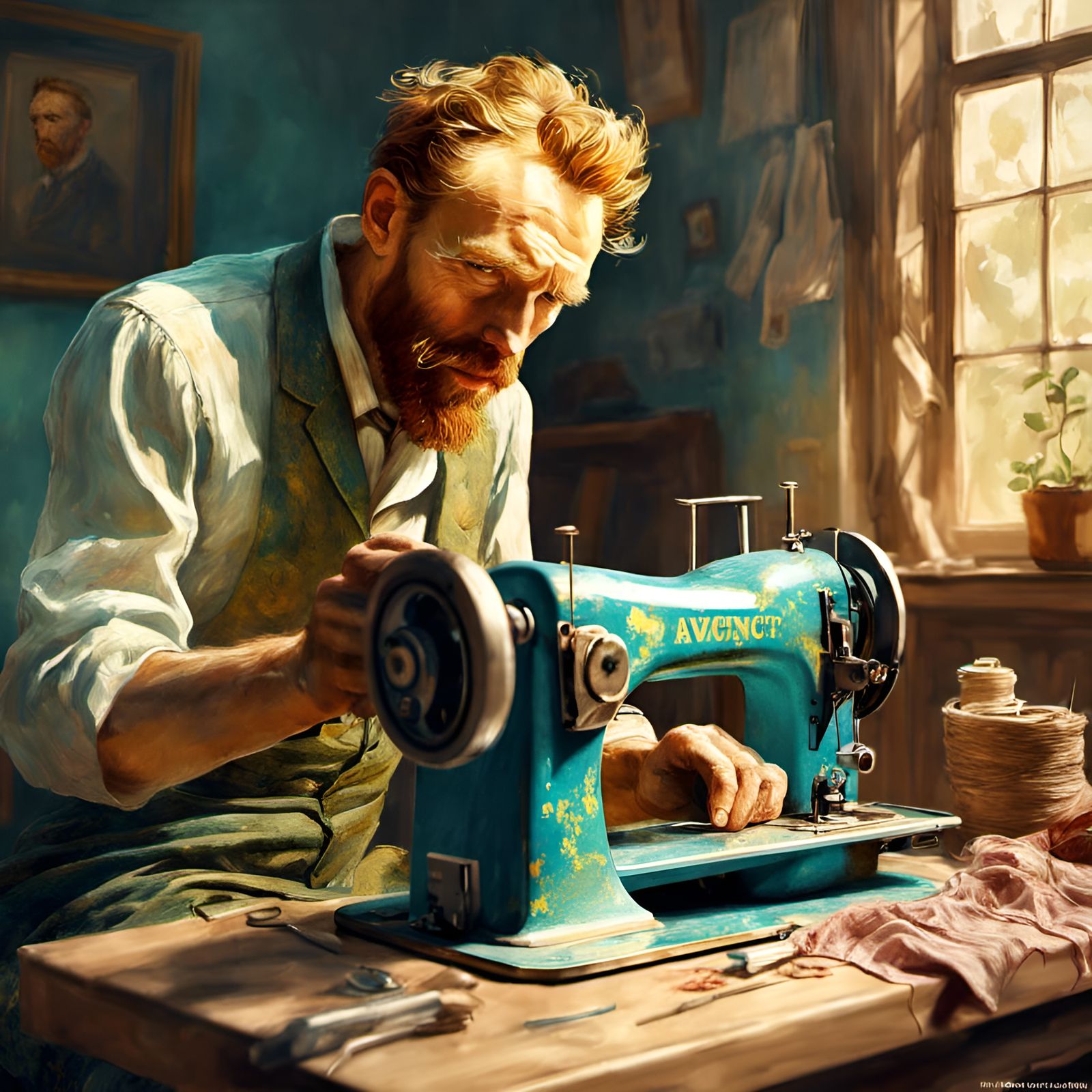 Van Gogh with Sewing Machine: Digital Illustration