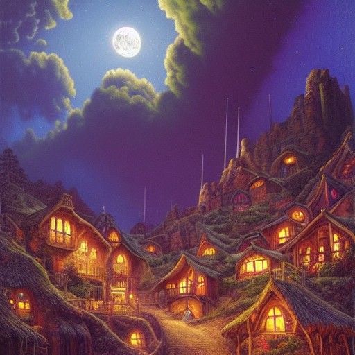 Fantasy Village in Ravine Under Cosmic Moon