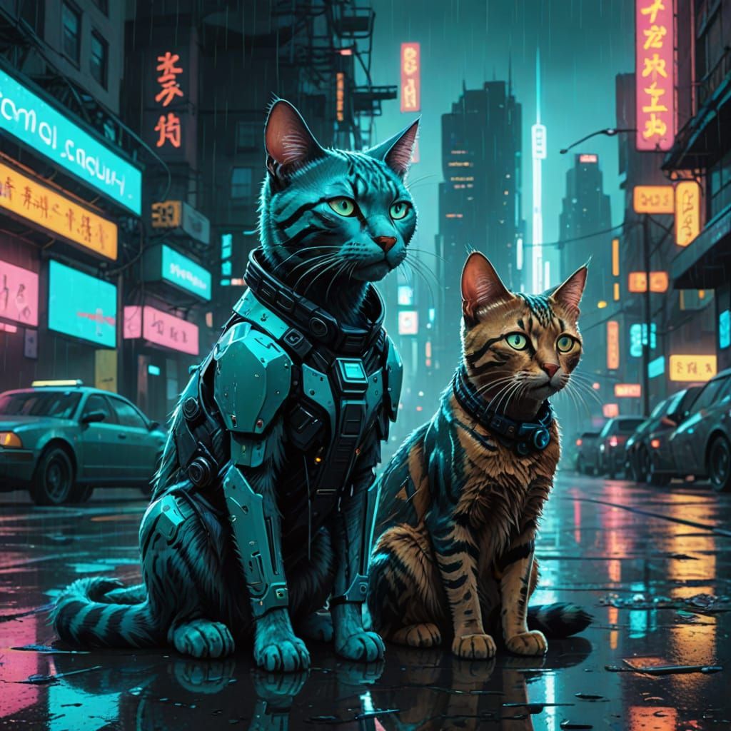 Cyberpunk Cat Duo in Rainy Cityscape, Digital Painting