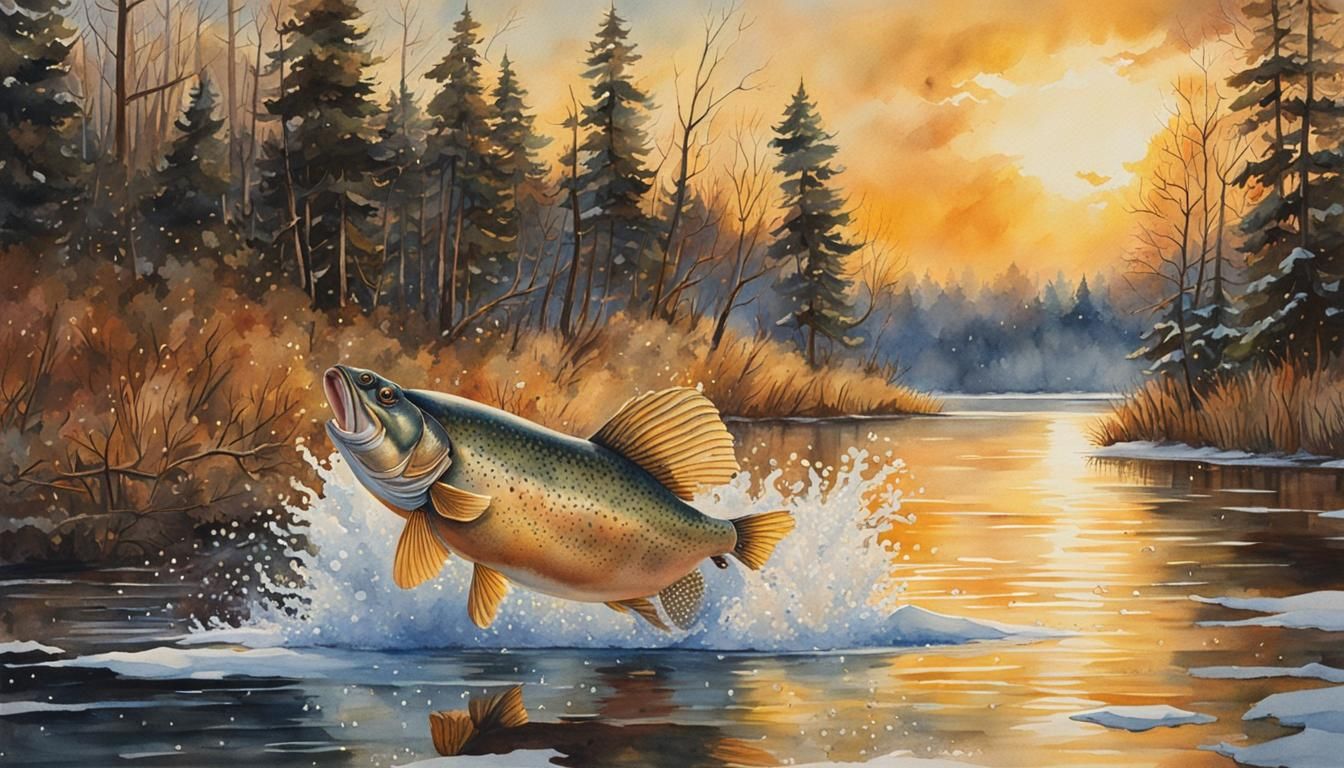 Fish Leaping in Midwest Lake Watercolor Painting