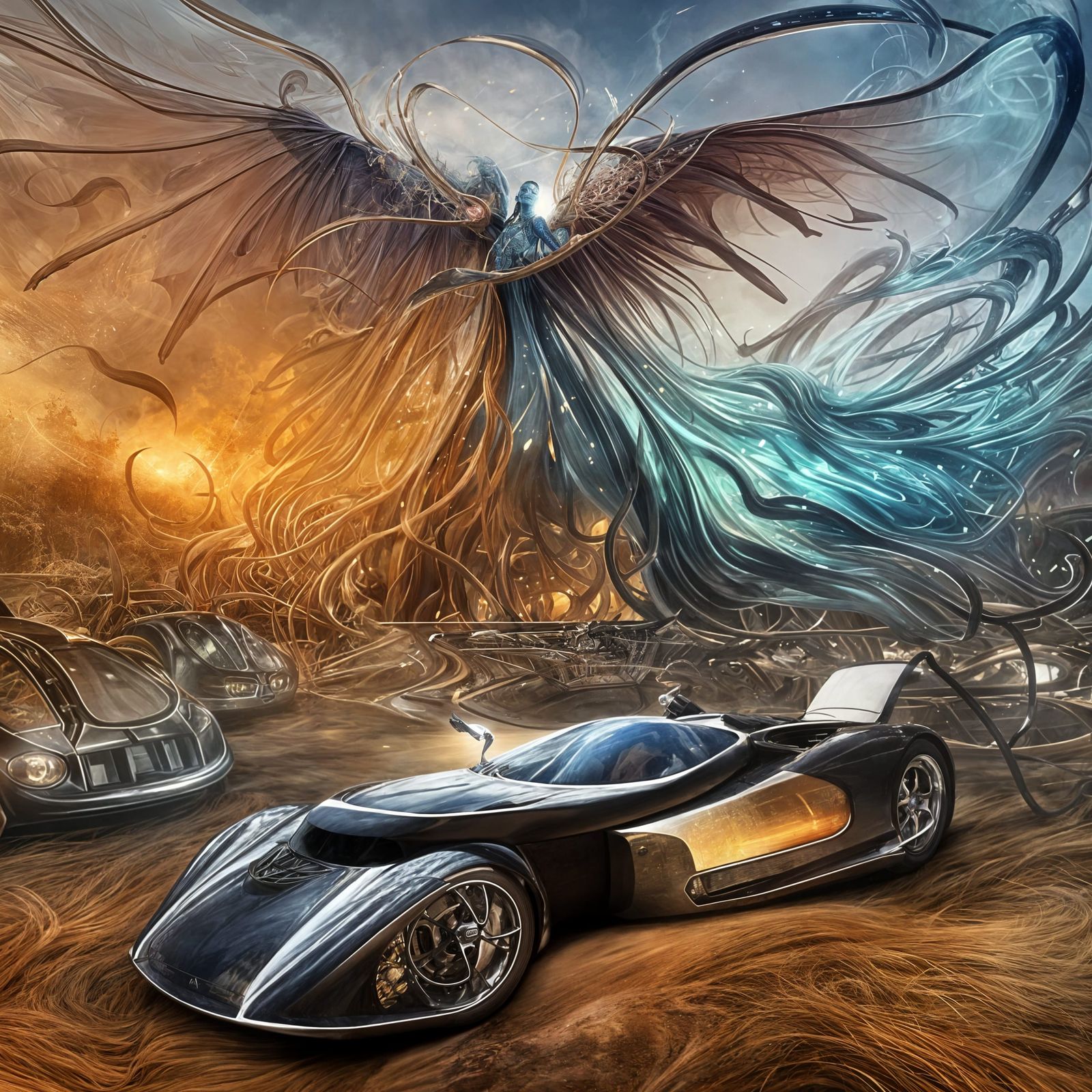 Magical Racing Cars Ascend in a Dreamlike Realm