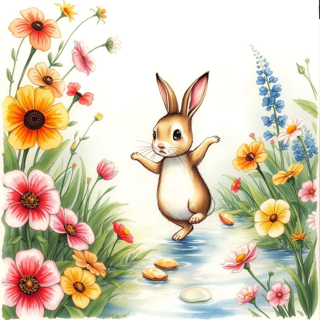 Rabbit Dancing in a Whimsical Garden, Watercolor Style