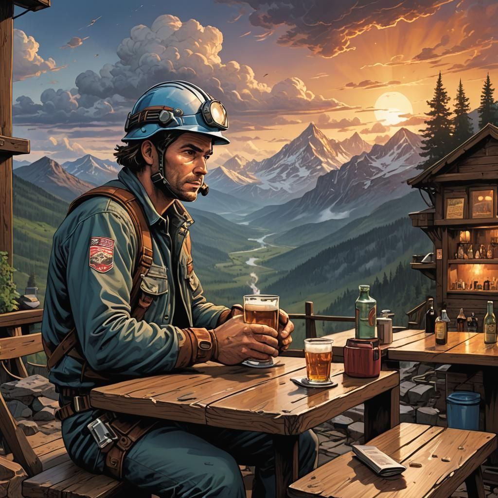 Geologist Enjoying Sunset Beer: Comic Book Art