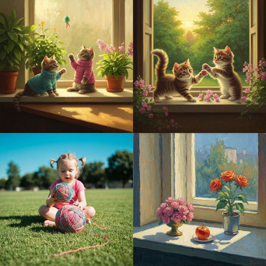 Kittens on a Sunlit Ledge: Neo-Impressionist Oil Painting