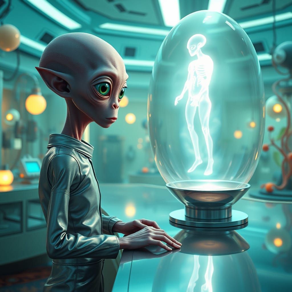 Futuristic Alien Observes Shimmering Hologram in Lab