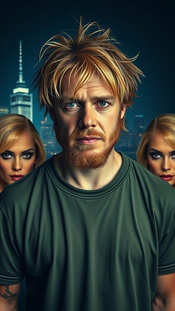 Surreal Portrait: Man Between Glamorous Women at Night