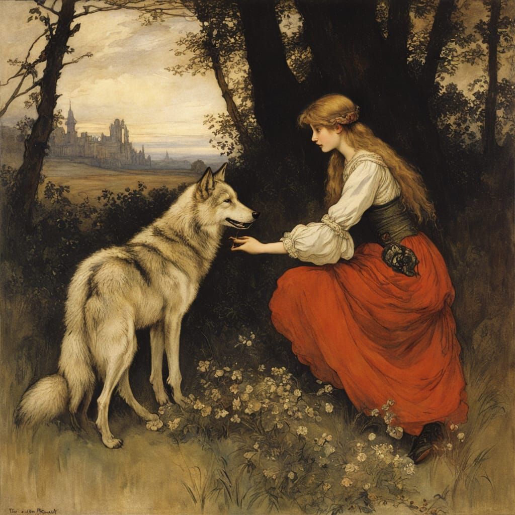 Girl and Wolf in Enchanted Forest, Fairytale Scene