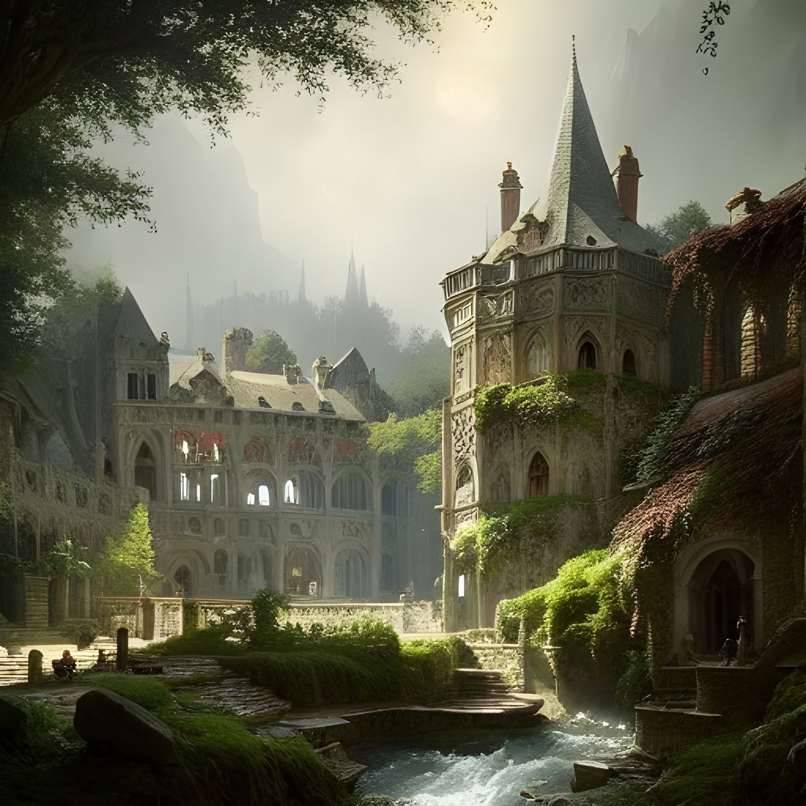 Sublime Medieval Garden with River, Matte Painting