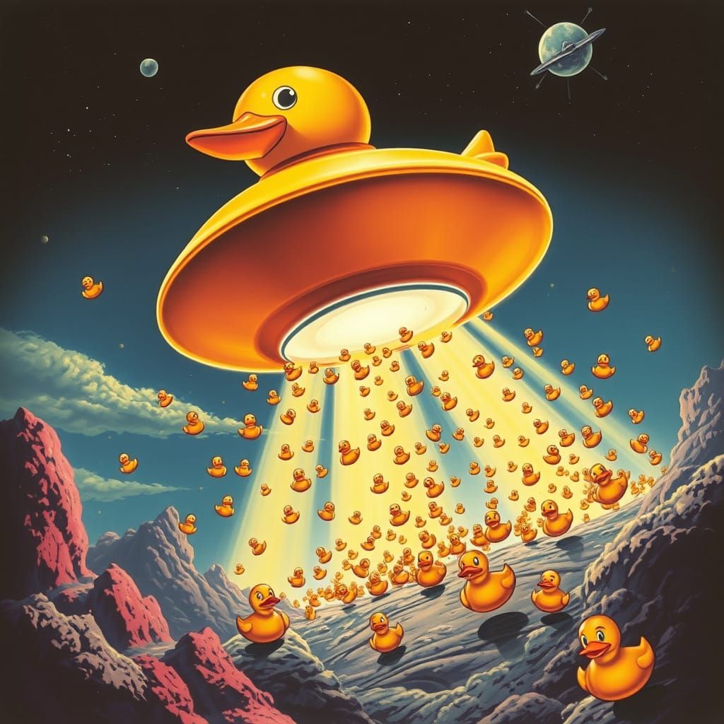 Giant Duck UFO Invades Earth in Retro Sci-Fi Style