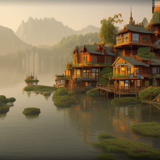Fantastical Lake Town on Stilts in Detailed Matte Painting