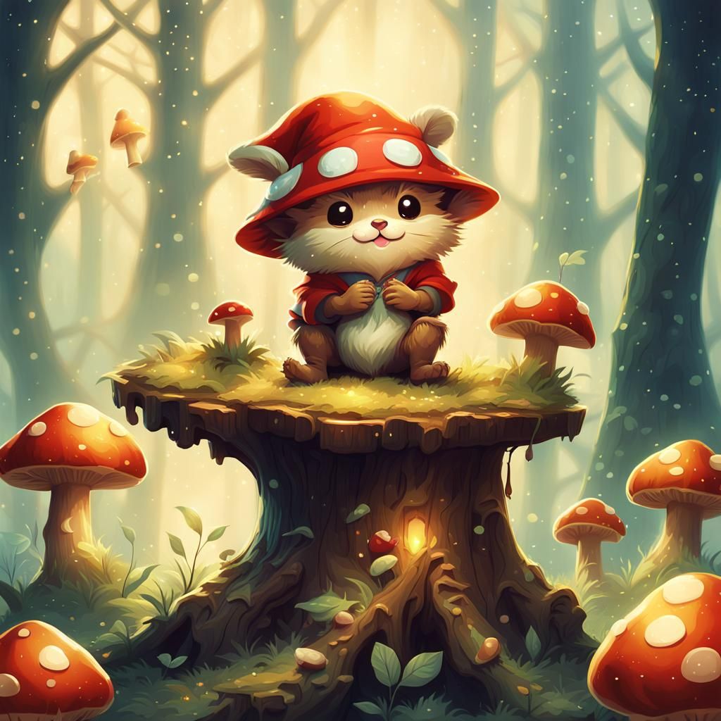 Magical Forest Scene with Mushroom Critter, Digital Art