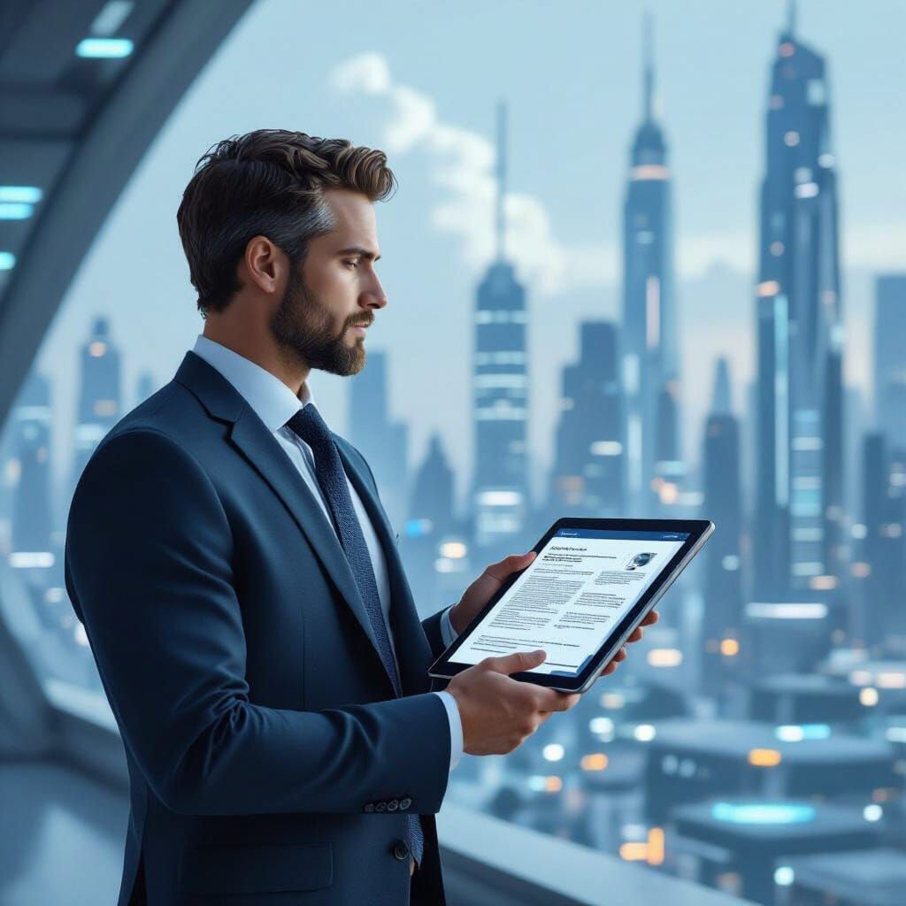 Futuristic Businessperson with Tablet in Cityscape Style