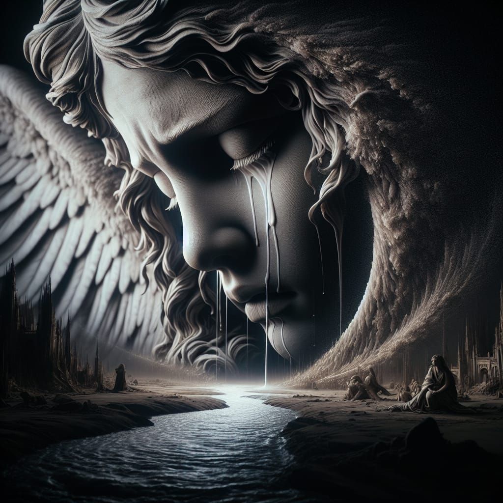 Hyperrealistic Angel Crying a River of Tears