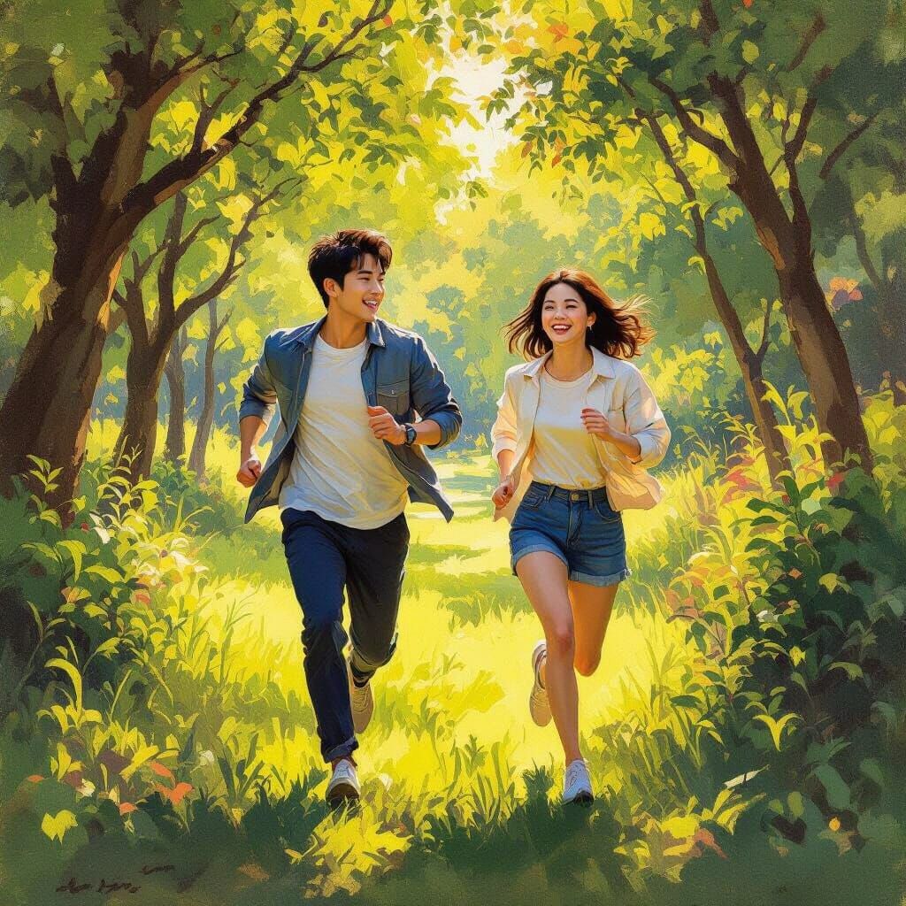 Joyful Park Run in Dappled Sunlight