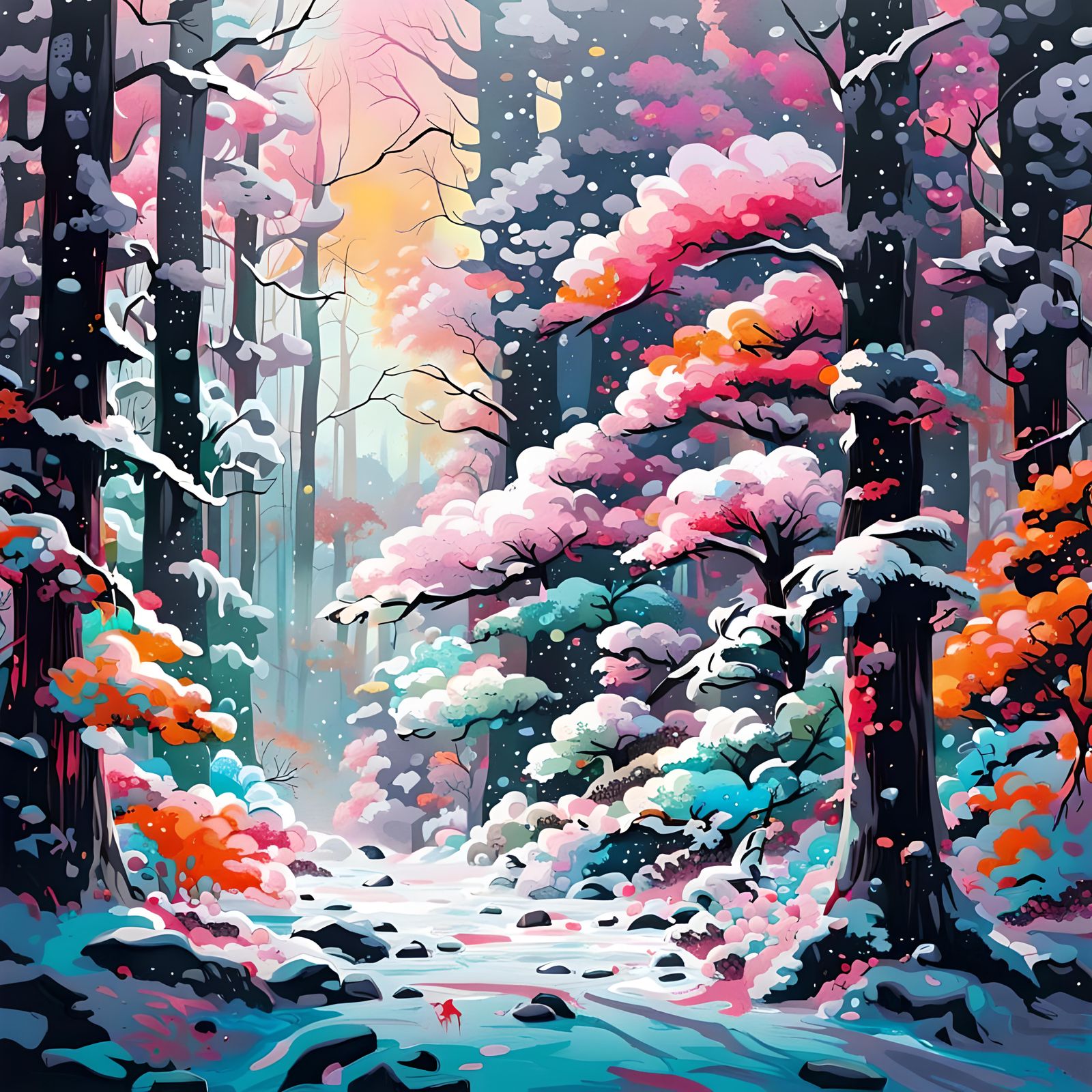 Vibrant Snowy Forest in Japanese Graffiti Art Style