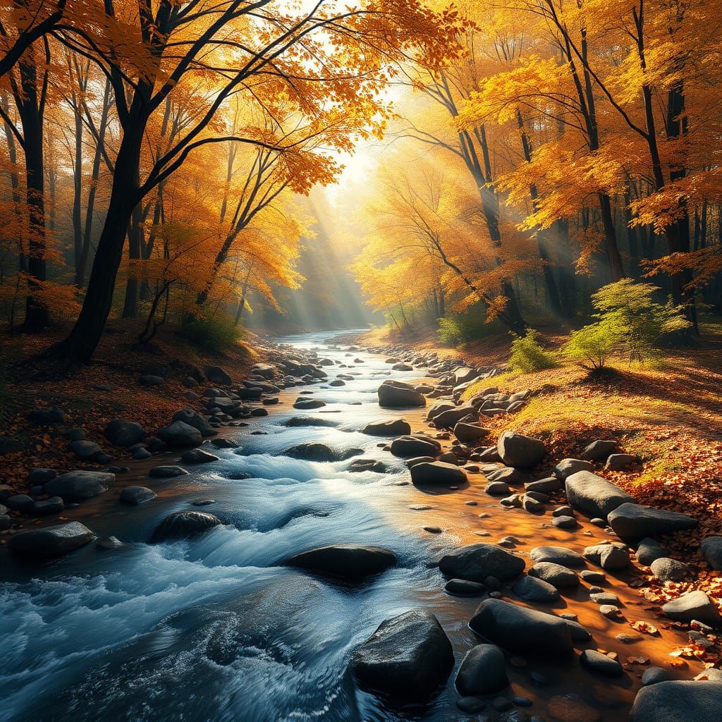 Golden Autumn Creek in Whimsical Anime Style