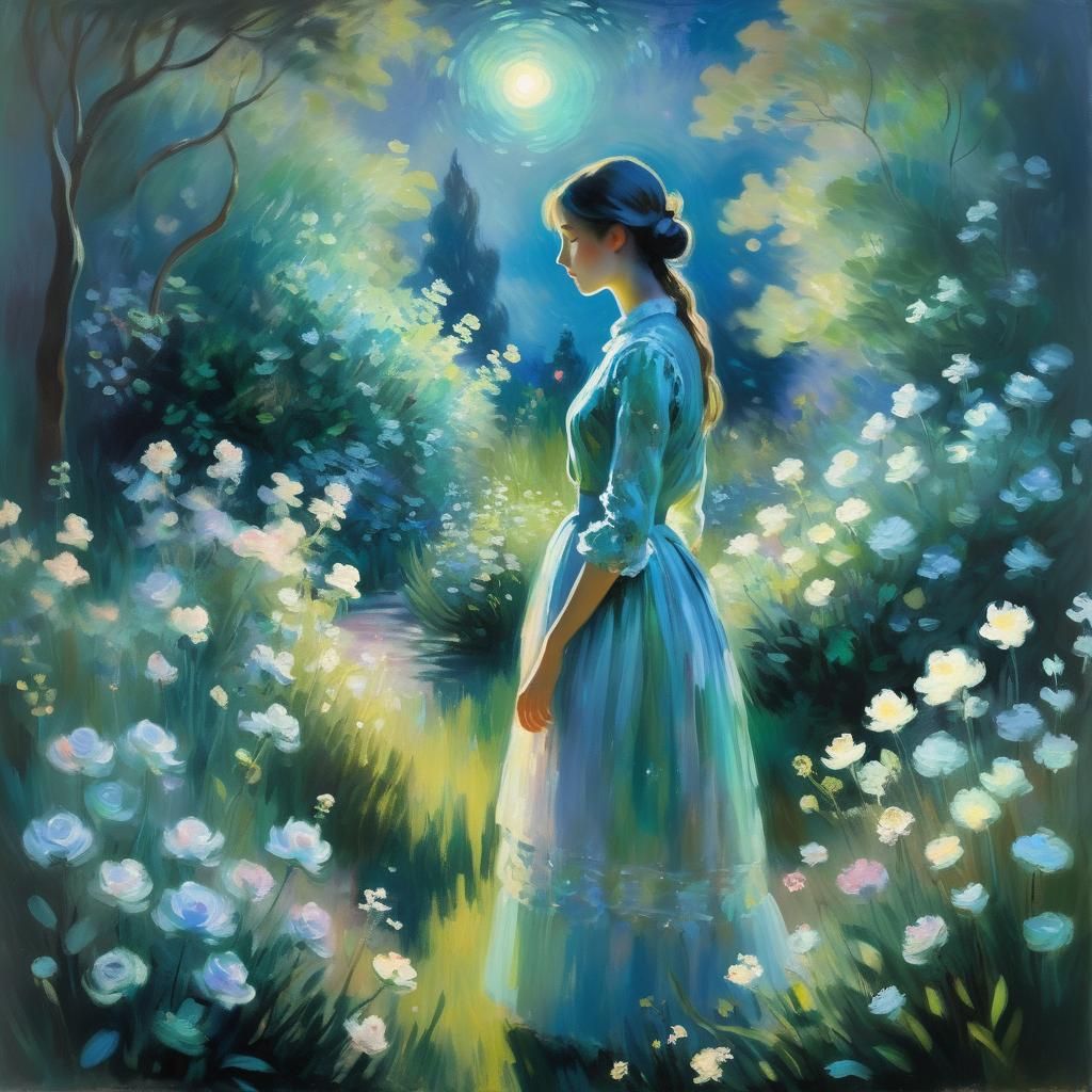 Impressionist Girl in Moonlit Garden Painting