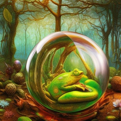 Surreal Frog Inside Glass Sphere, Detailed Matte Painting