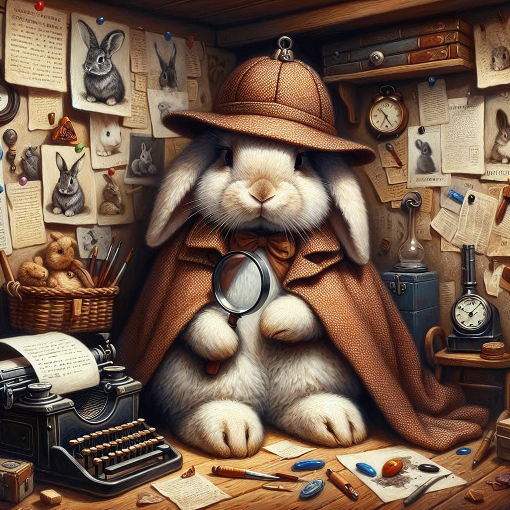 Realist Detective Bunny Examines Clue in Cozy Burrow