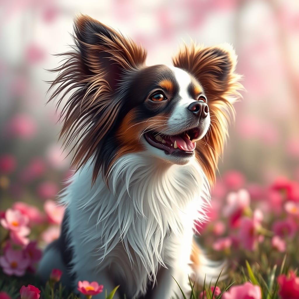 Whimsical Papillon in Vibrant Spring Landscape