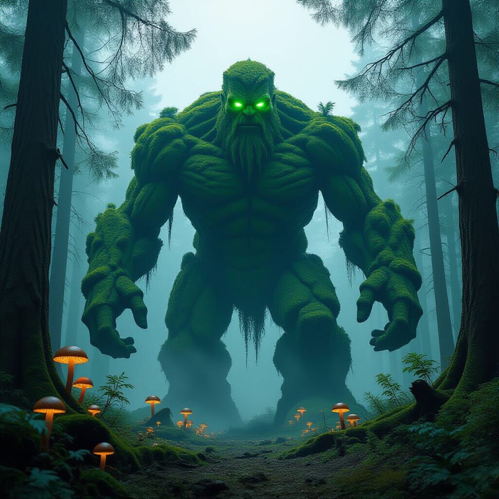 Moss Golem Emerges from Bioluminescent Forest