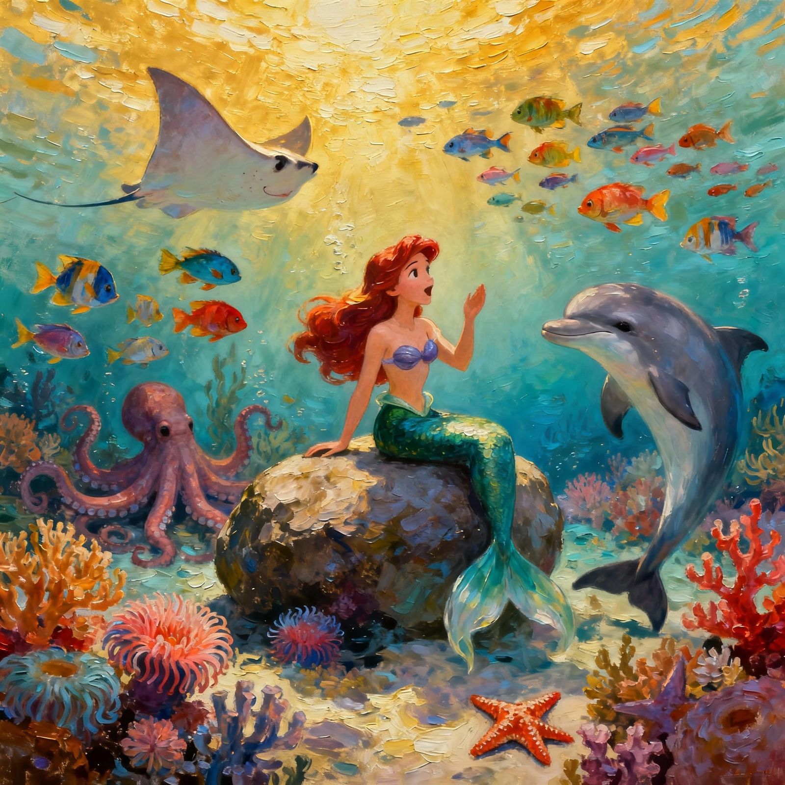 The Little Mermaid Sings on Ocean Floor in Impasto Style