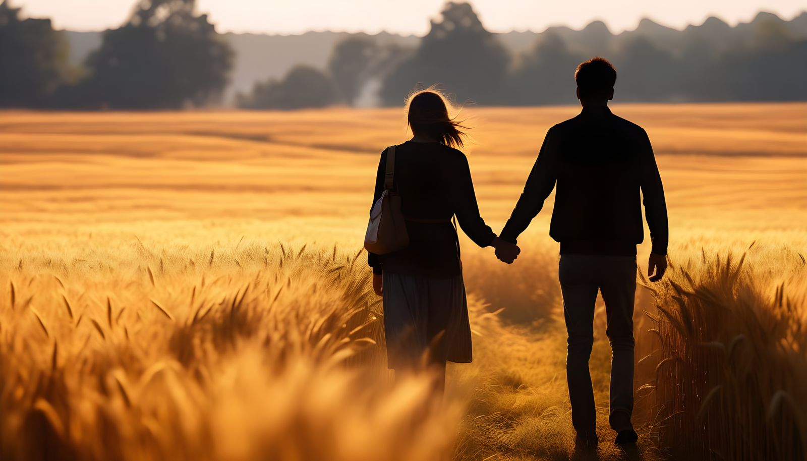 Romantic Couple Walking Through Golden Barley Field