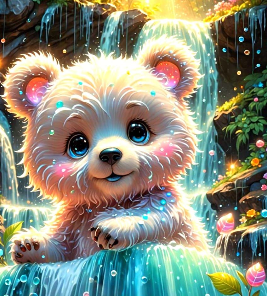 Chibi Bear Constellation over Bioluminescent Waterfall