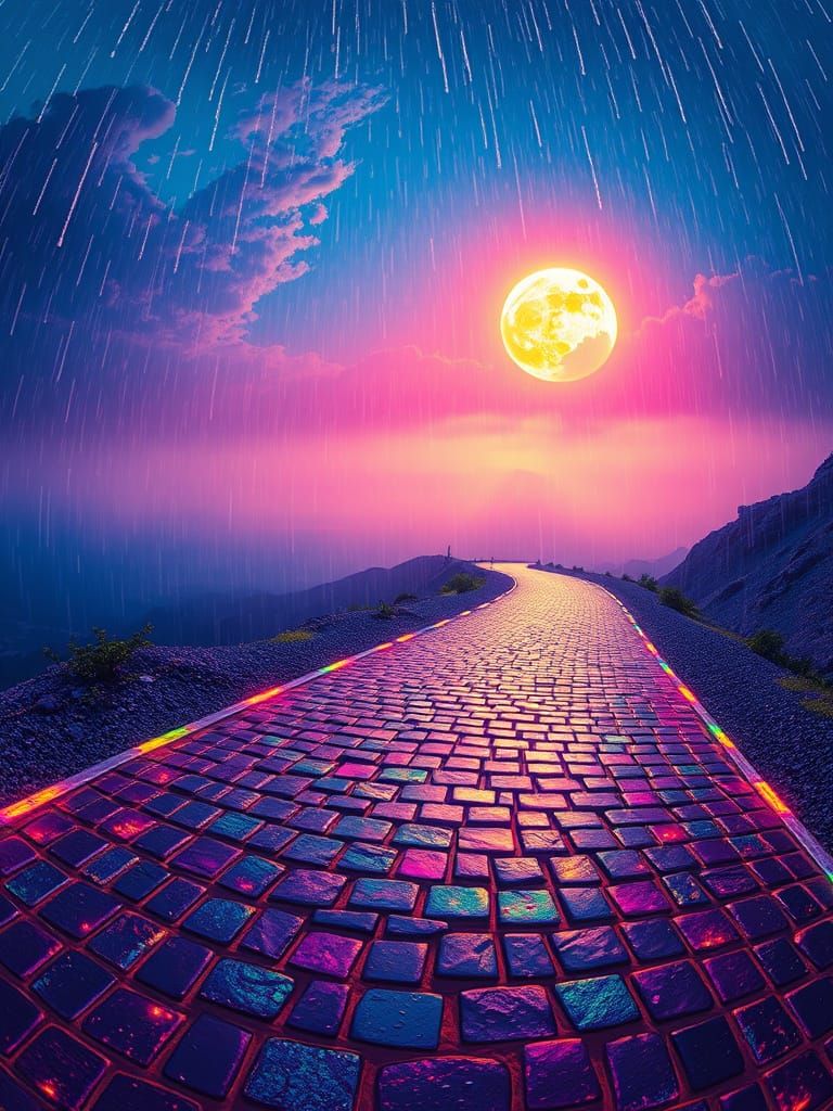 Winding Road with Bioluminescent Cobblestones