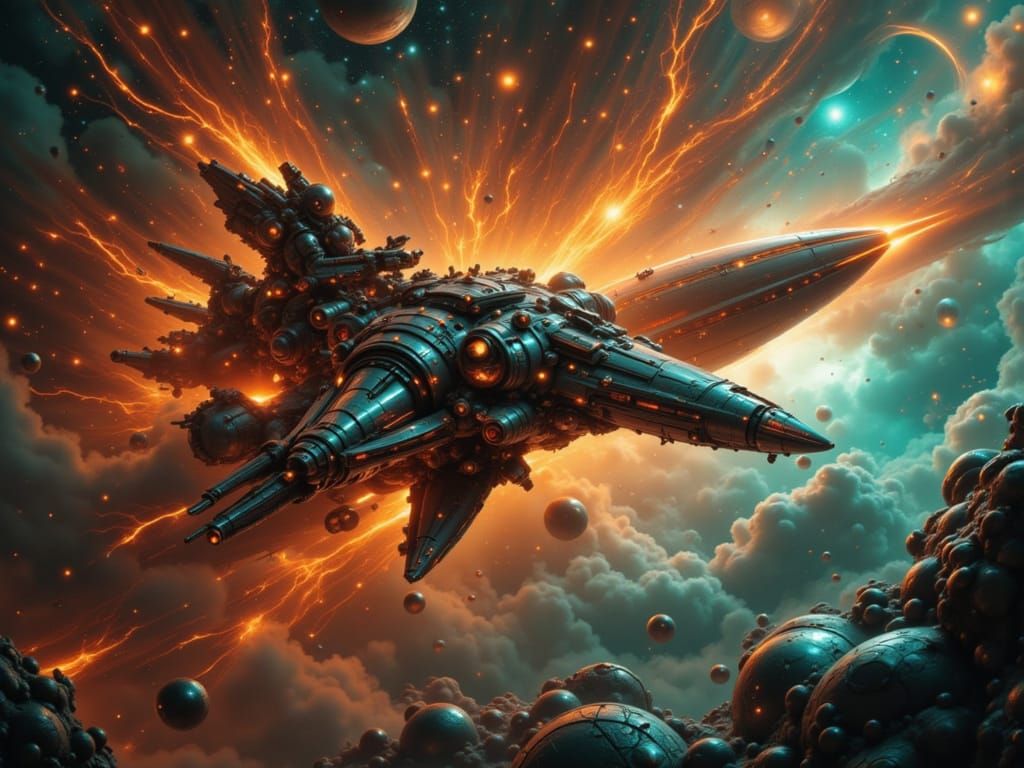 Starship Expedition to Andromeda in Vintage Futurism Style