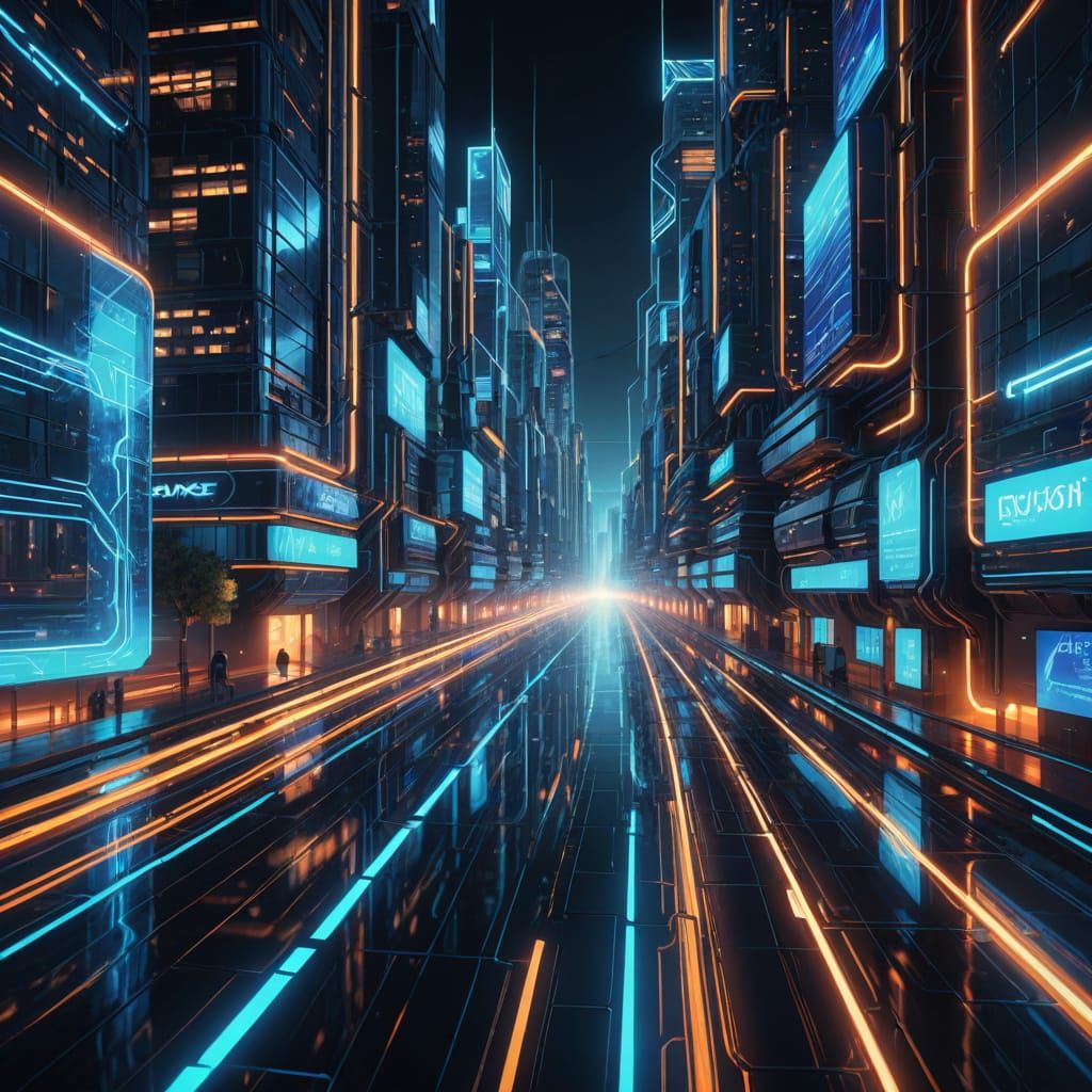 Neon Cityscape Digital Art with Glowing Lines