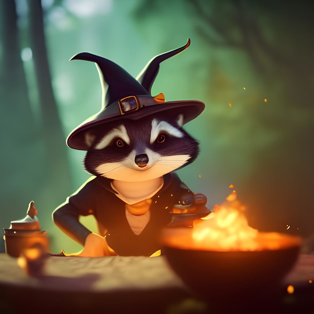 Cute Witch Raccoon Mixes Cauldron Potion