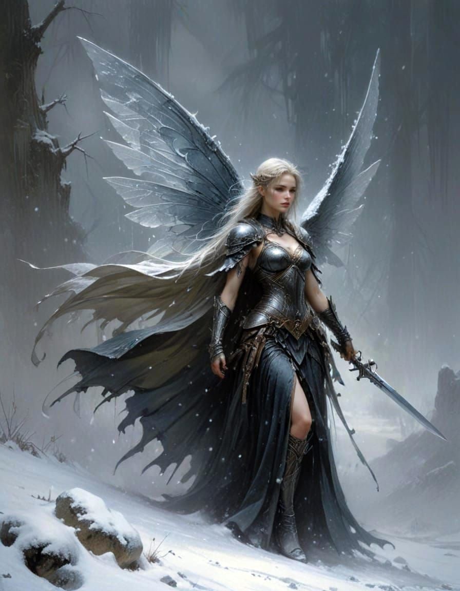 Stunning Fantasy Warrior in Winter Battlefield