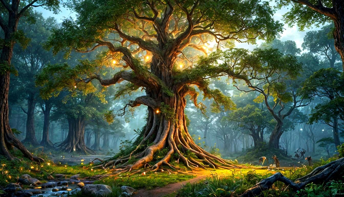 Ancient Tree in Moonlit Forest, Hyperrealistic Conceptual Ar...