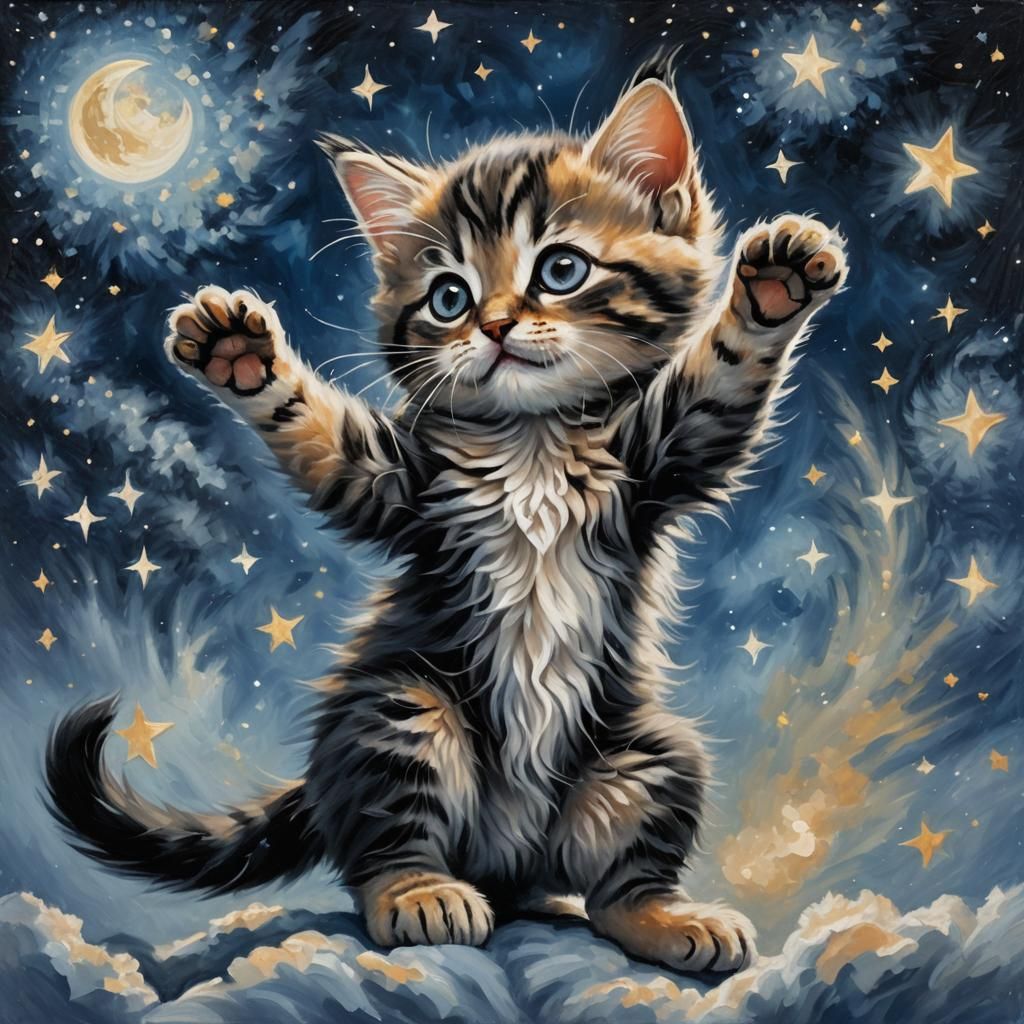 Kitten Reaching for a Star in Oil Painting