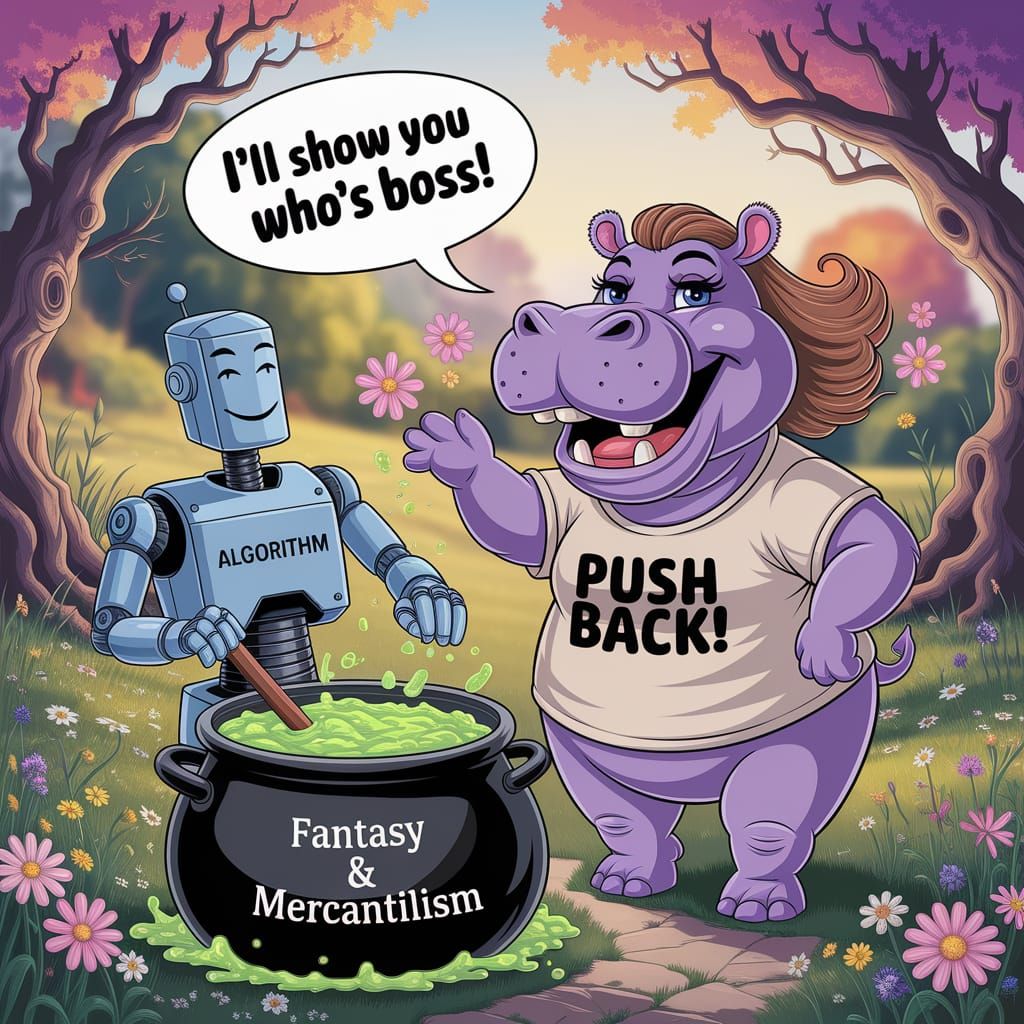 Whimsical Hippo Caricature Sprinkling Flowers in Digital Art