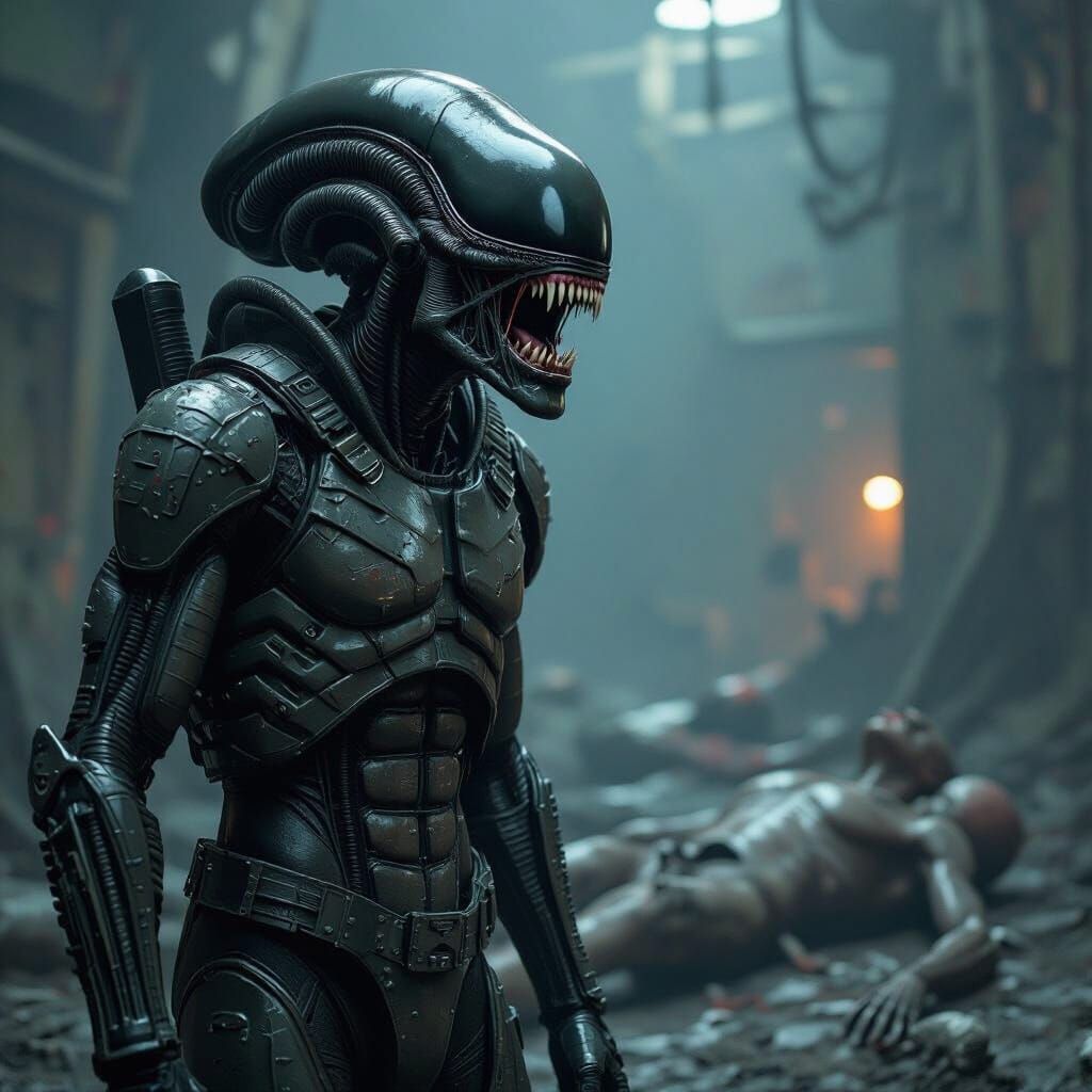 Xenomorph Laughing at Dead Alien in Biomechanical Style