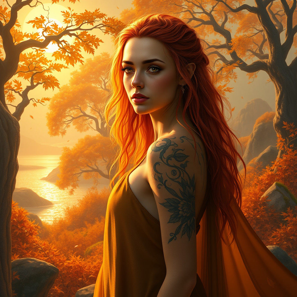 Tattooed Eladrin Woman in Autumnal Forest