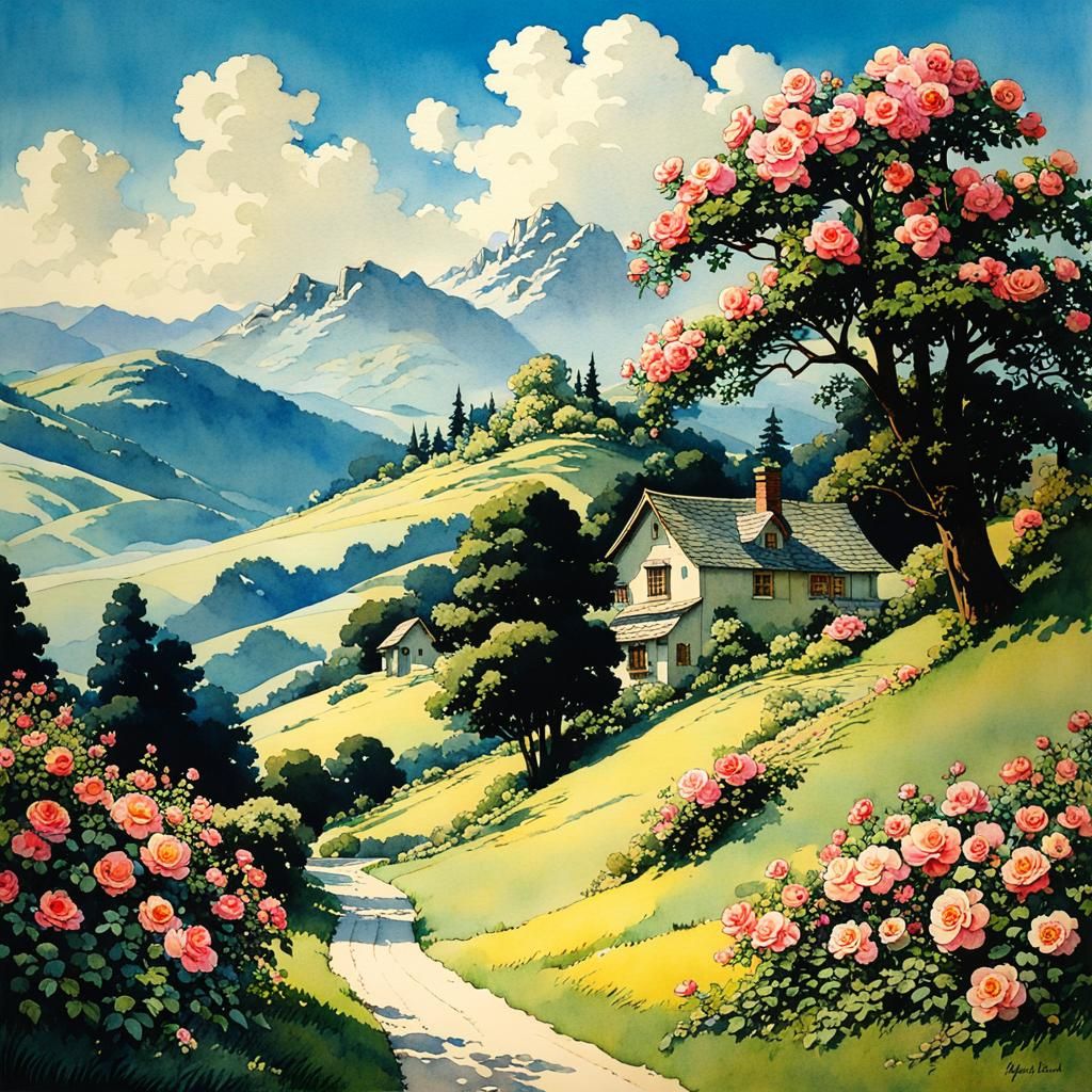 Countryside Road with Wild Roses in Parrish Style