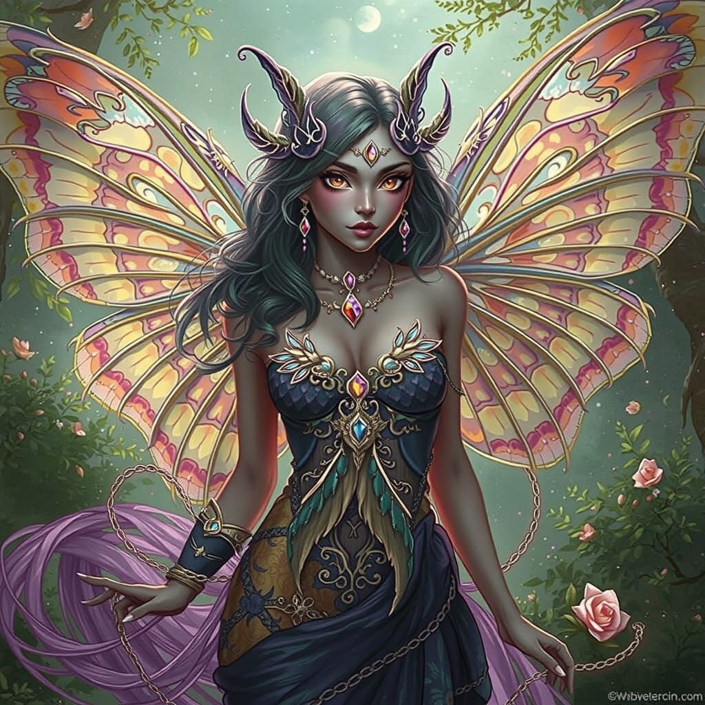 Moth Goddess Hybrid with Glowing Wings in Enchanted Forest