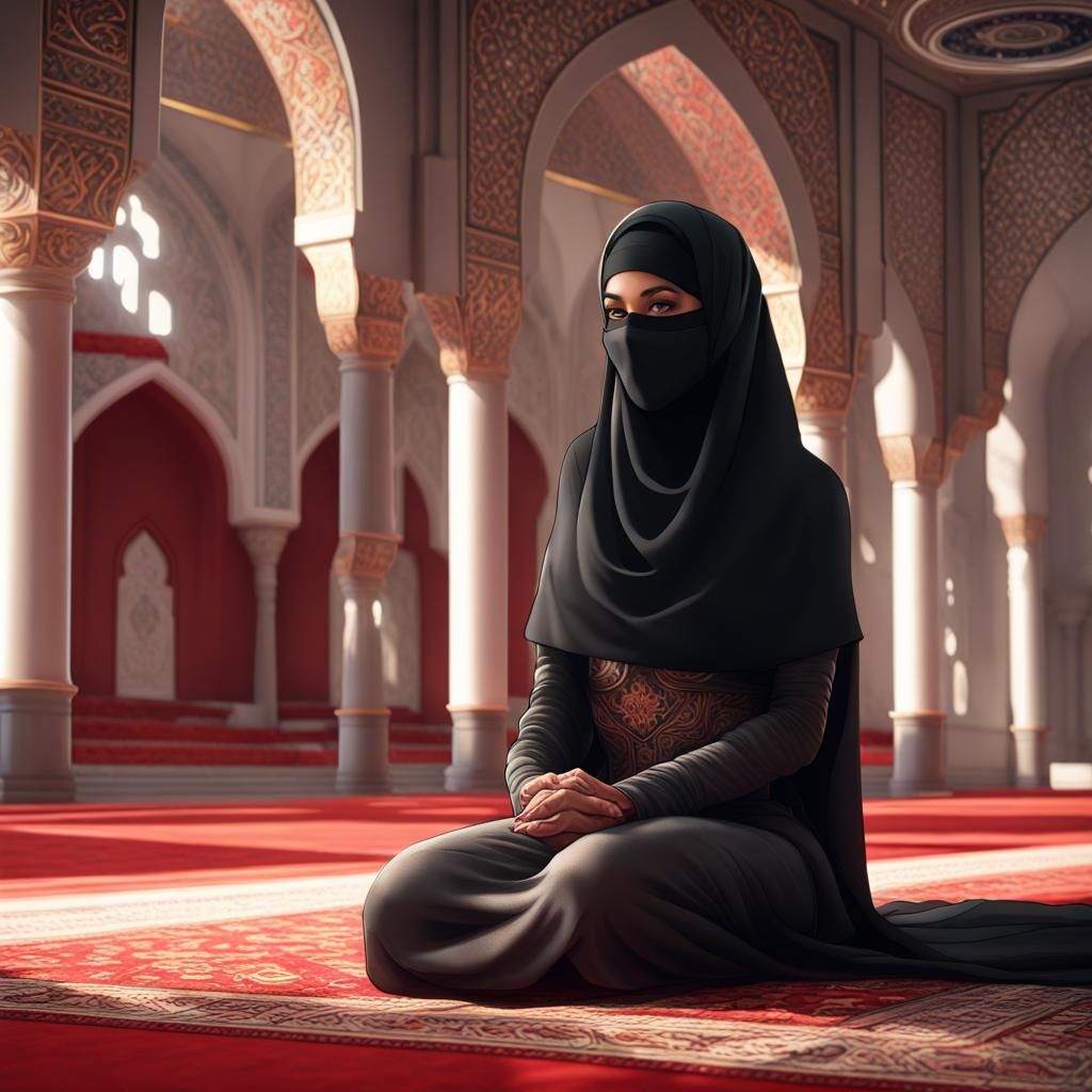 Muslim Woman Praying in Mosque, Digital Art Portrait